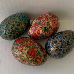 Vintage Paper Mache Egg Hand Painted Lacquered Kashmir Easter Set of 4 Floral